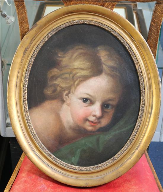 Continental School Study of the head of putto oval, 16.5 x 13in.